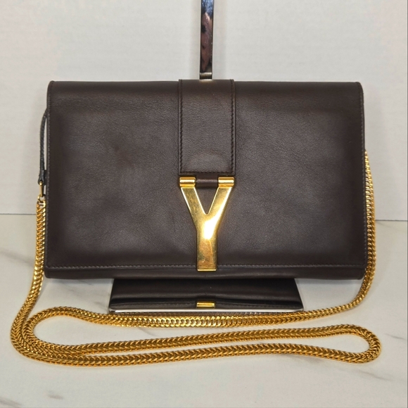 YSL Brown Leather Y-Ligne Clutch Pochette Shoulder Bag with Chain - Picture 1 of 12